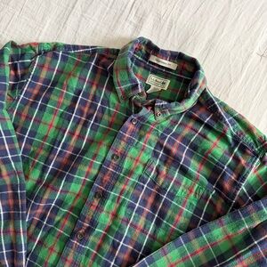 L.L. Bean Button Down Scotch Plaid Flannel Shirt Green Red Multi Vintage